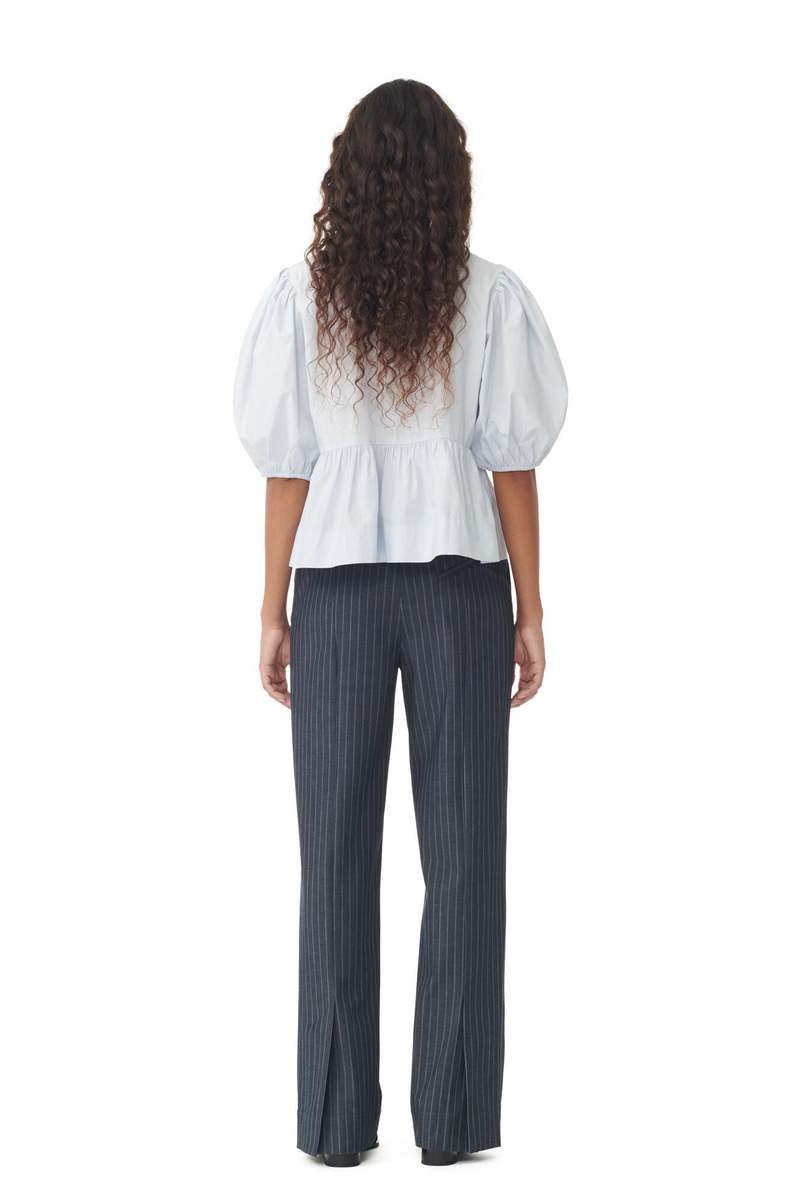 Ganni Stretch Stripe Mid Waist Pants - Gray Pinstripe