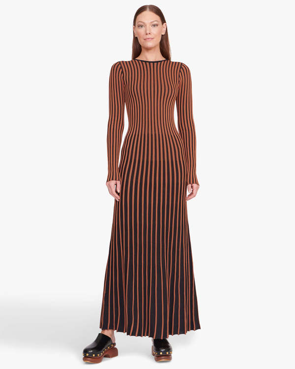 staud brown striped dress STAUD, Wylie Dress in Dark Oak Micro Stripe, Size 12 main image 1