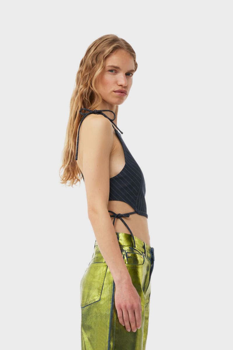 Ganni Stretch Stripe String Top - Gray Pinstripe | Garmentory