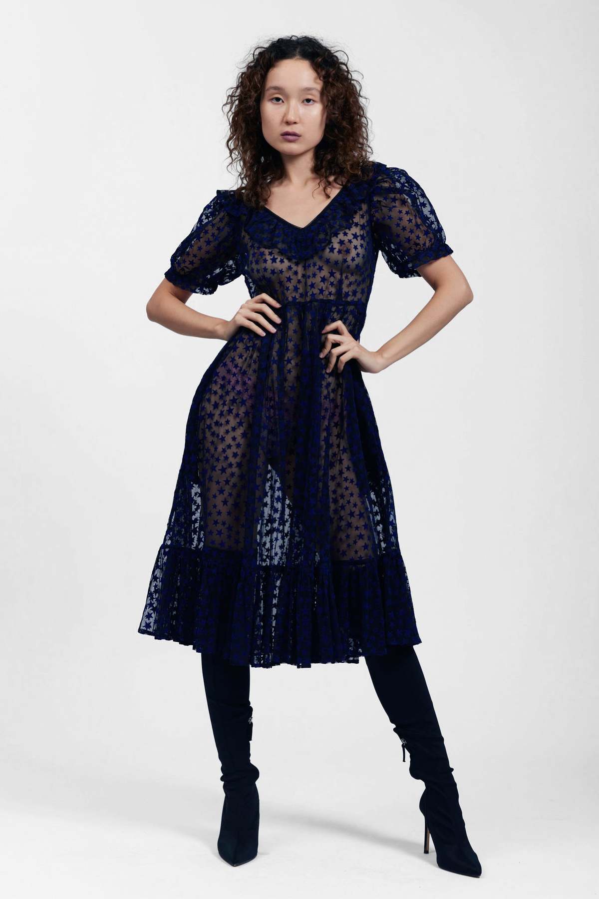 BATSHEVA Ruffle May Dress - Midnight Blue Flocked Star | Garmentory