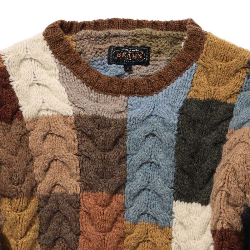 Beams Plus Patchwork Hand Knit Cable Crew Neck - Cable | Garmentory