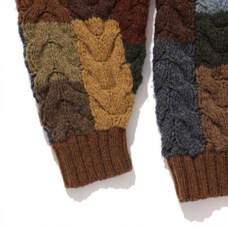Beams Plus Patchwork Hand Knit Cable Crew Neck - Cable | Garmentory