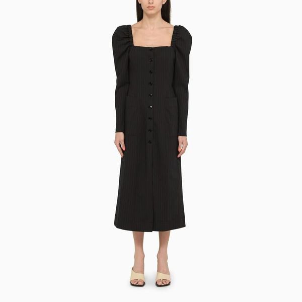ganni pinstripe ruched dress Ganni Ruched Pinstriped Stretch-Twill Midi Dress In Black - 60% Off
