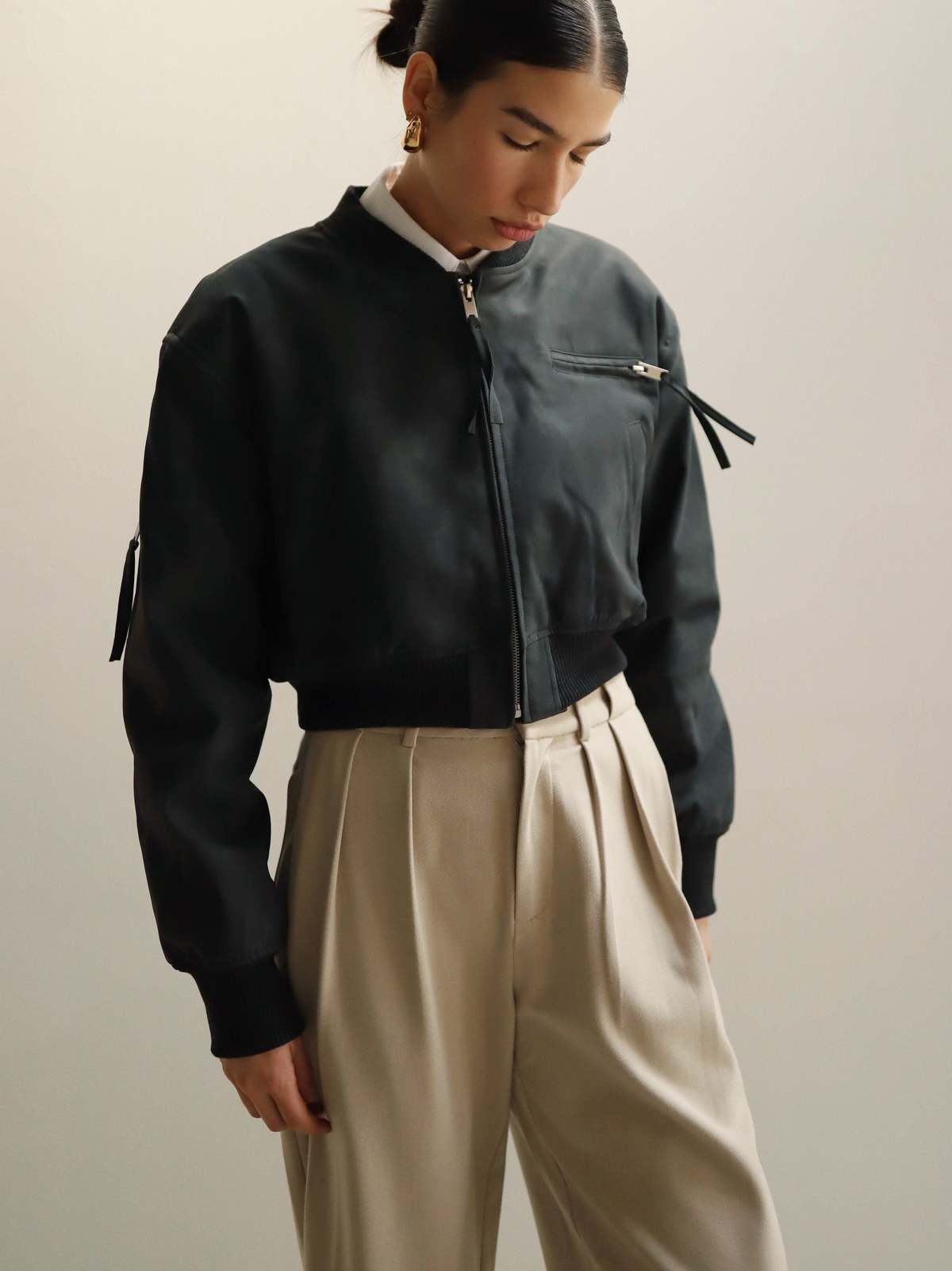 Moon River Cropped Bomber Jacket - Ash - Image 5 of 6