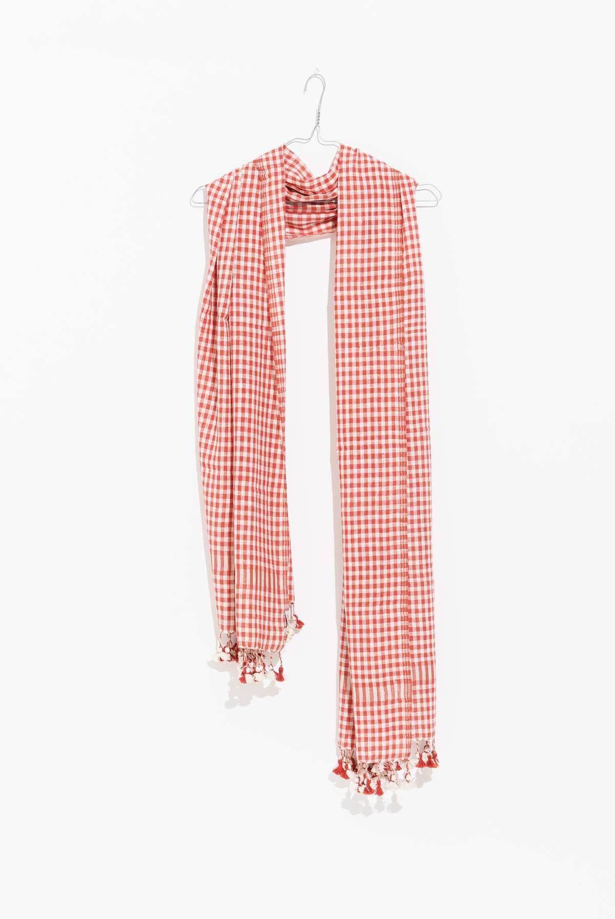 World of Crow Hand-spun Stole with Tassels - Tangerine Gingham Checkered - Image 1 of 2