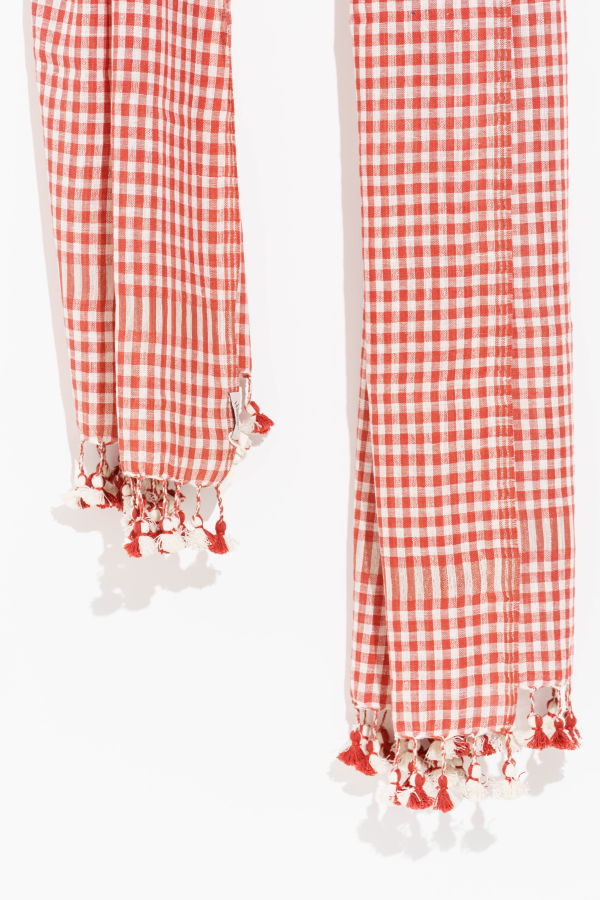 World of Crow Hand-spun Stole with Tassels - Tangerine Gingham Checkered
