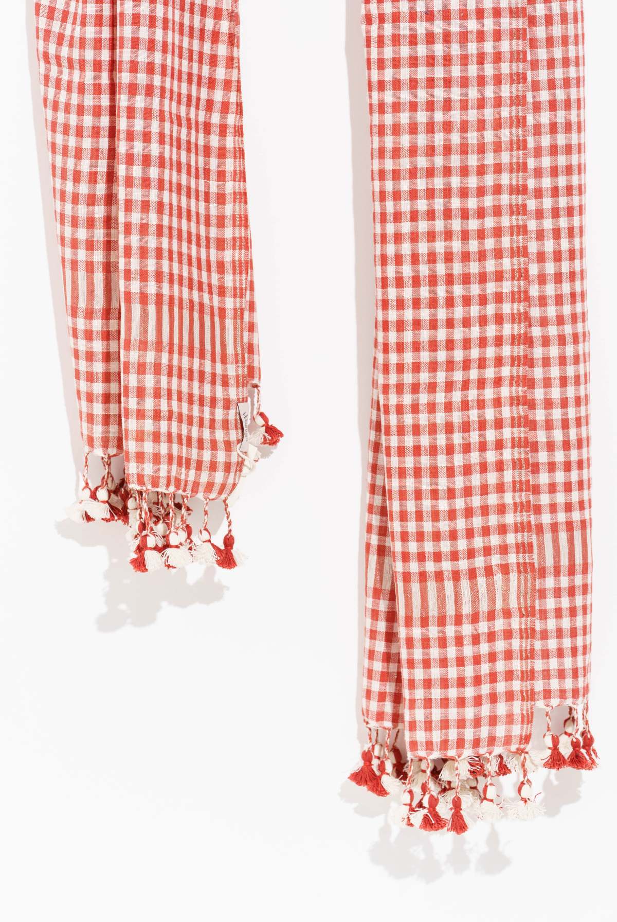 World of Crow Hand-spun Stole with Tassels - Tangerine Gingham Checkered - Image 2 of 2