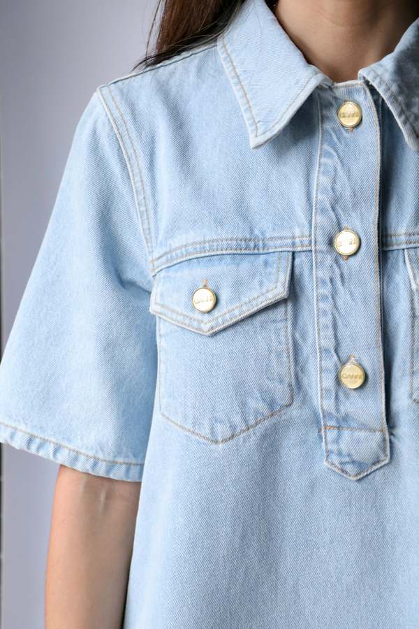 Ganni Cutline Denim Mini Dress - Mid Blue Vintage