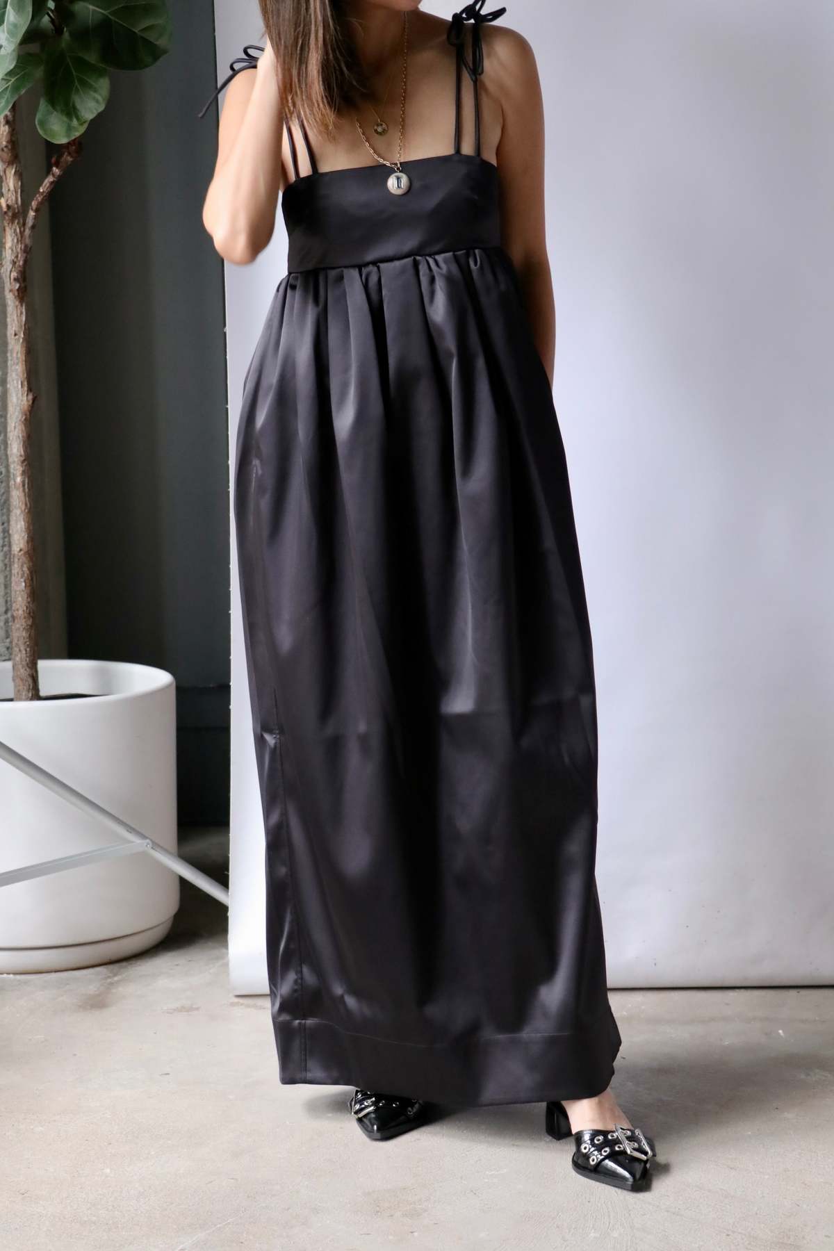 chinese dress ladies Rent Ganni Duchesse Strap Black Midi Dress