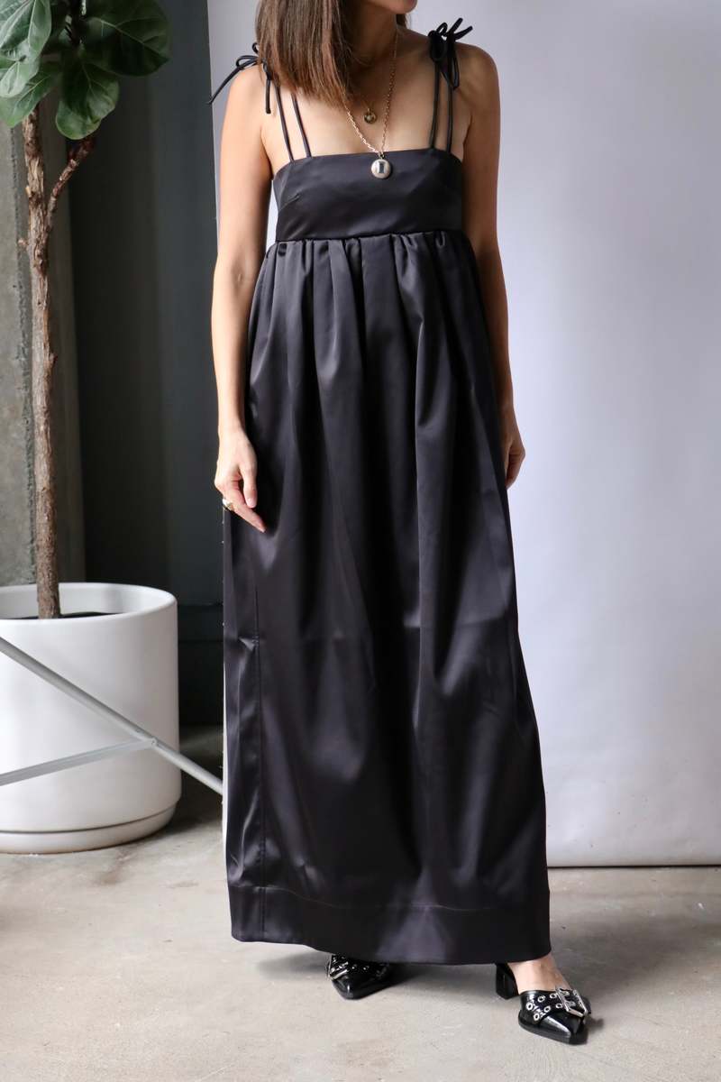 Ganni Double Satin String Long Dress - Black | Garmentory