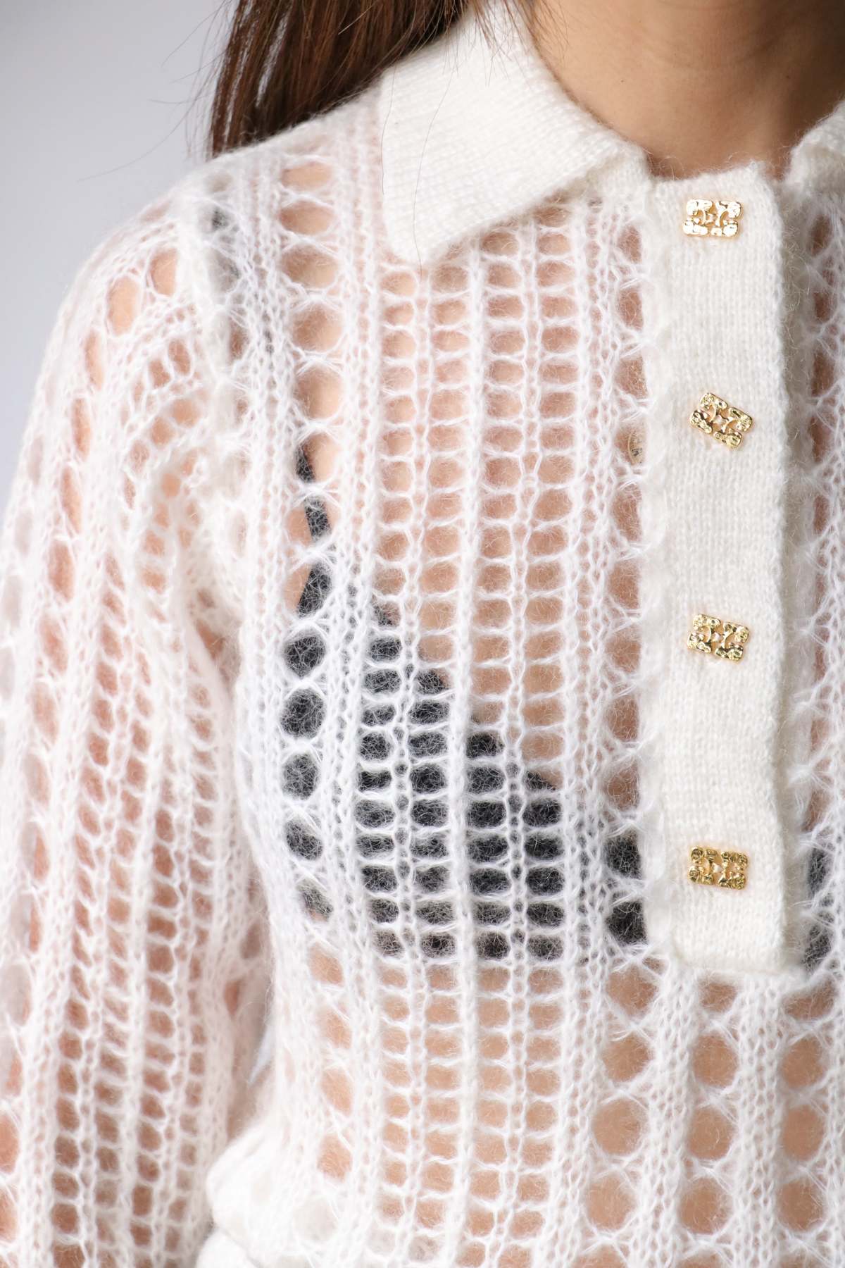 トップス GANNI Mohair Lace Polo Ganni Mohair Lace Polo - Bright White | Garmentory