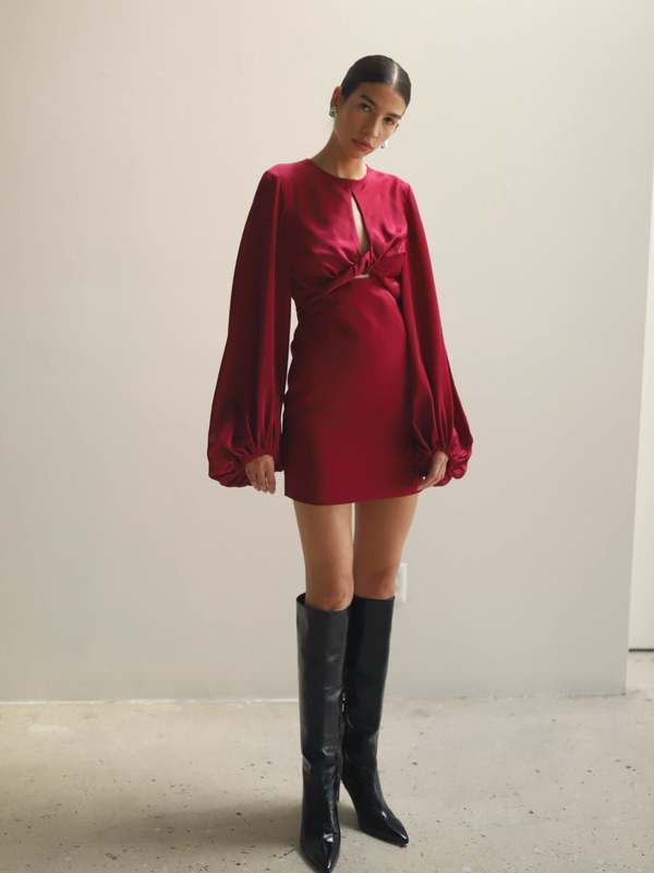 fitted lace wedding dress Red Balloon Sleeves Mini Dress main image 0