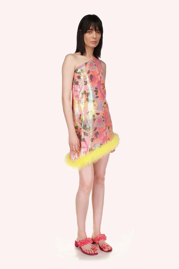 Anna Sui Dahlias Iridescent Sequin Asymmetrical Dress - Magenta Multi |  Garmentory