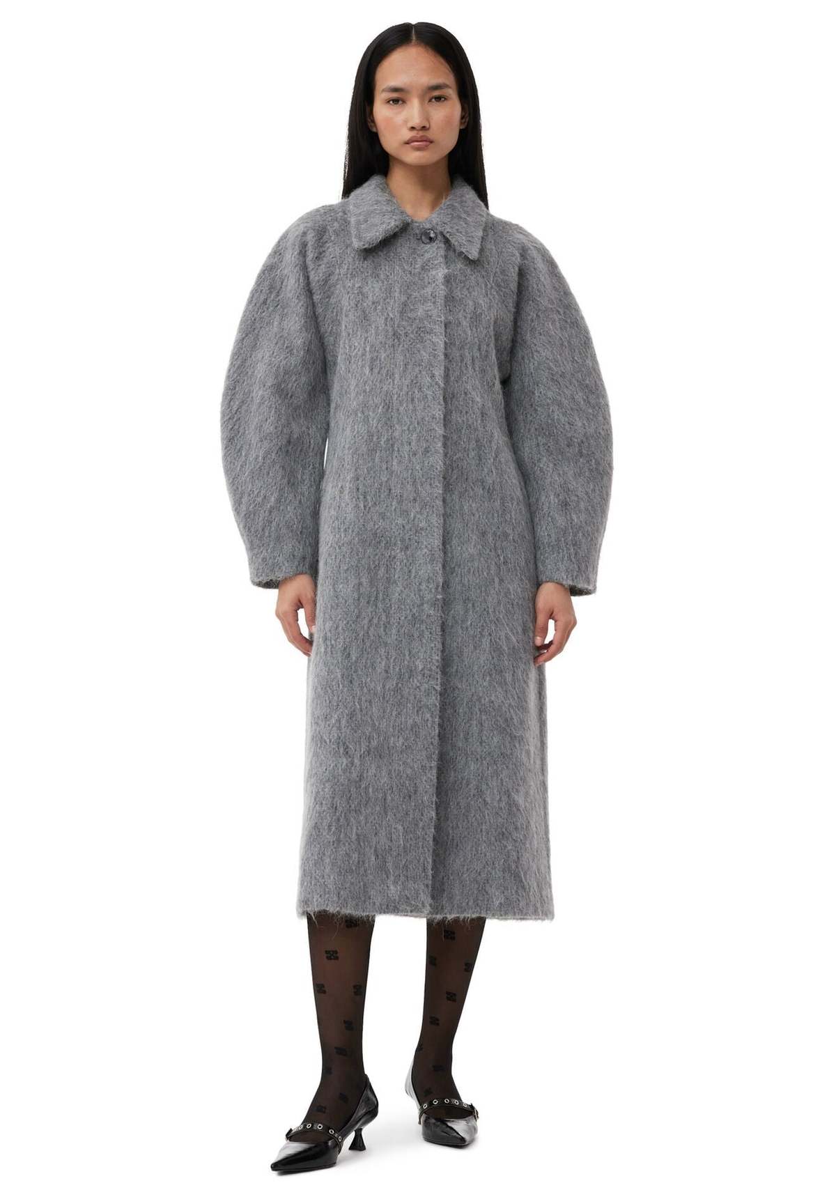 ジャケット・アウター GANNI Fluffy Wool Coat 36 Ganni Fluffy Wool Curved Sleeve Coat - Frost Gray | Garmentory
