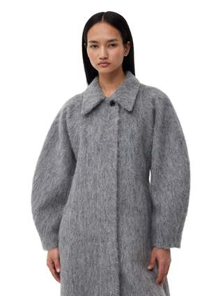 Ganni Fluffy Wool Curved Sleeve Coat - Frost Gray | Garmentory