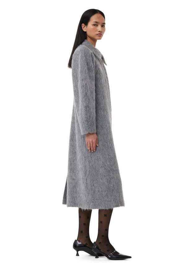 Ganni Fluffy Wool Curved Sleeve Coat - Frost Gray | Garmentory