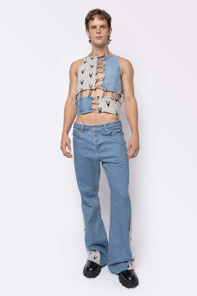FANG Jacquard Knit/ Denim Mix Media Sleeveless Top - Denim