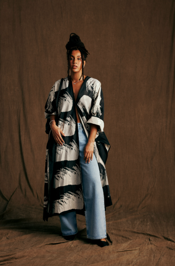 zero + maria cornejo Eve Rectangle Caftan - Gold/Black Eyelash | Garmentory