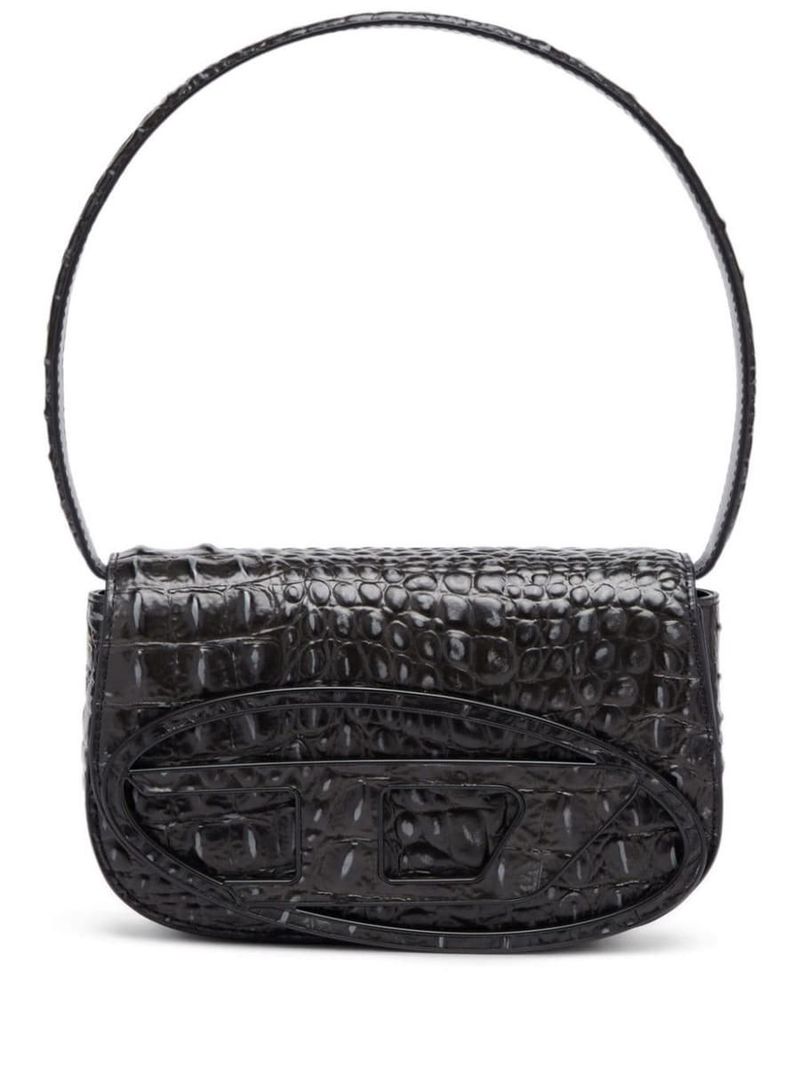 DIESEL 1DR ICONIC SHOULDER CROC PRINT LEATHER BAG - BLACK