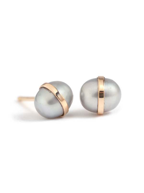 Melissa Joy Manning 14k Gold Bezel Wrapped Grey Freshwater Pearl Studs