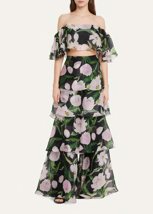 Carolina Herrera Off Shoulder Ruffled Bandeau Top - Black Multi