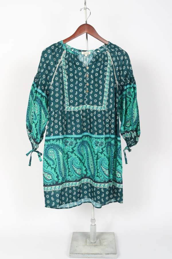 emerald green smock dress Green Midi Dress Cutout Back Puff Sleeve Linen Blend main image 0