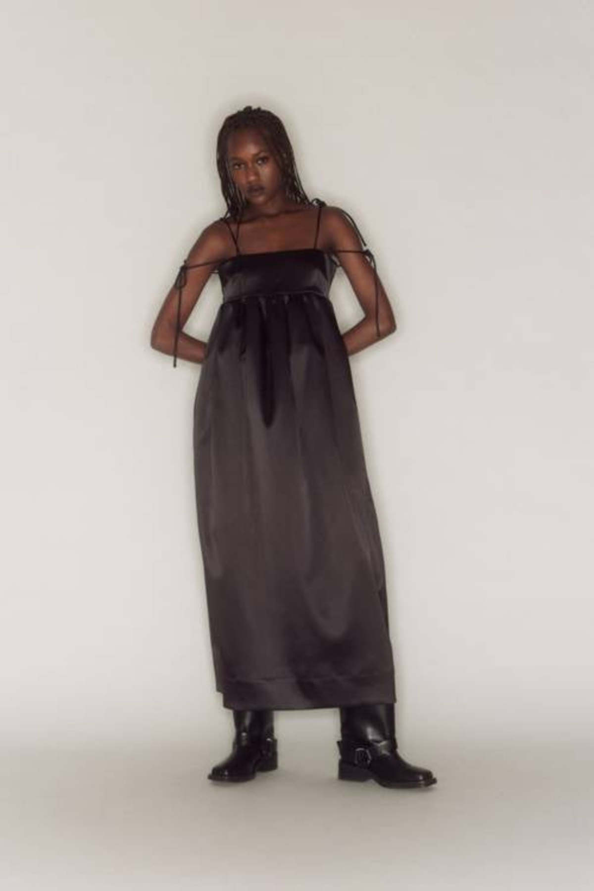 【関税＆送料込み】Ganni Satin Black Long Dress Ganni Double Satin String Long Dress - Black | Garmentory