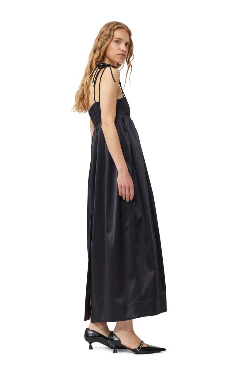 GANNI｜DRESSES (BLACK DOUBLE SATIN STRING LONG DRESS (F8 Ganni Double Satin String Long Dress - Black | Garmentory