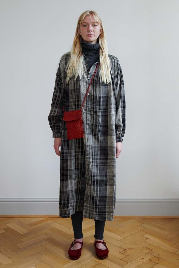 Ichi Antiquites Linen Big Check Shirtdress - Grey | Garmentory Ichi Antiquites Linen Big Check Shirtdress - Grey | Garmentory