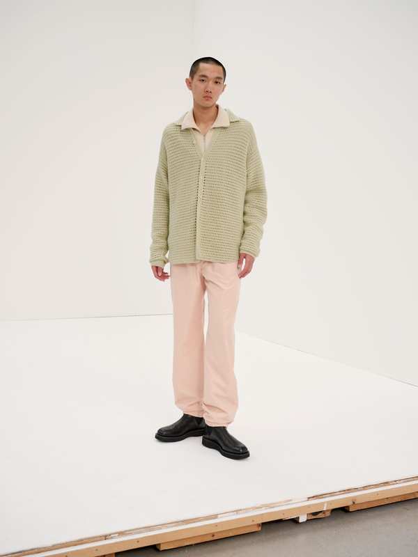 【t.s】AURALEE HAND CROCHET KNIT SHIRTS Auralee Hand Crochet Wool Knit Shirt - Light Khaki | Garmentory
