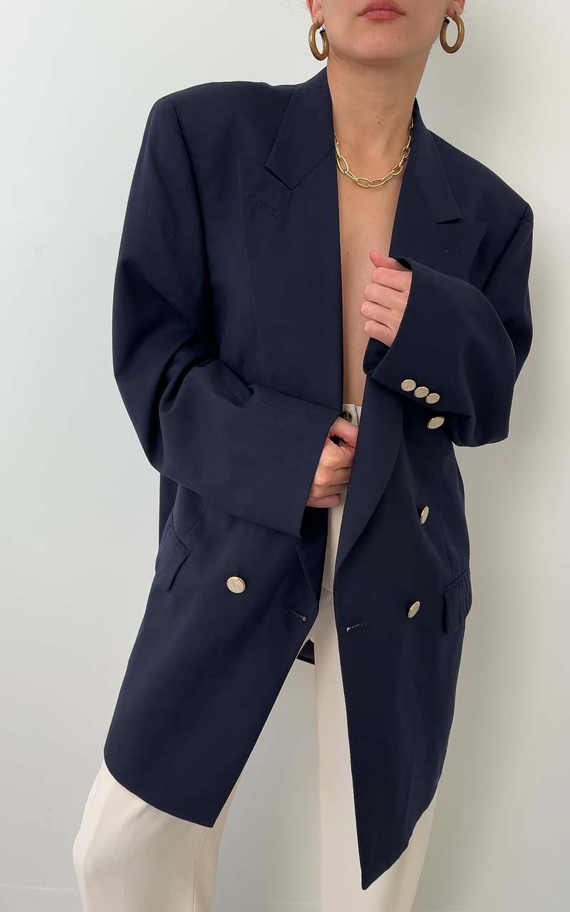 Vintage 90s Unisex Burberrys' Wool Double Breasted Blazer - Navy
