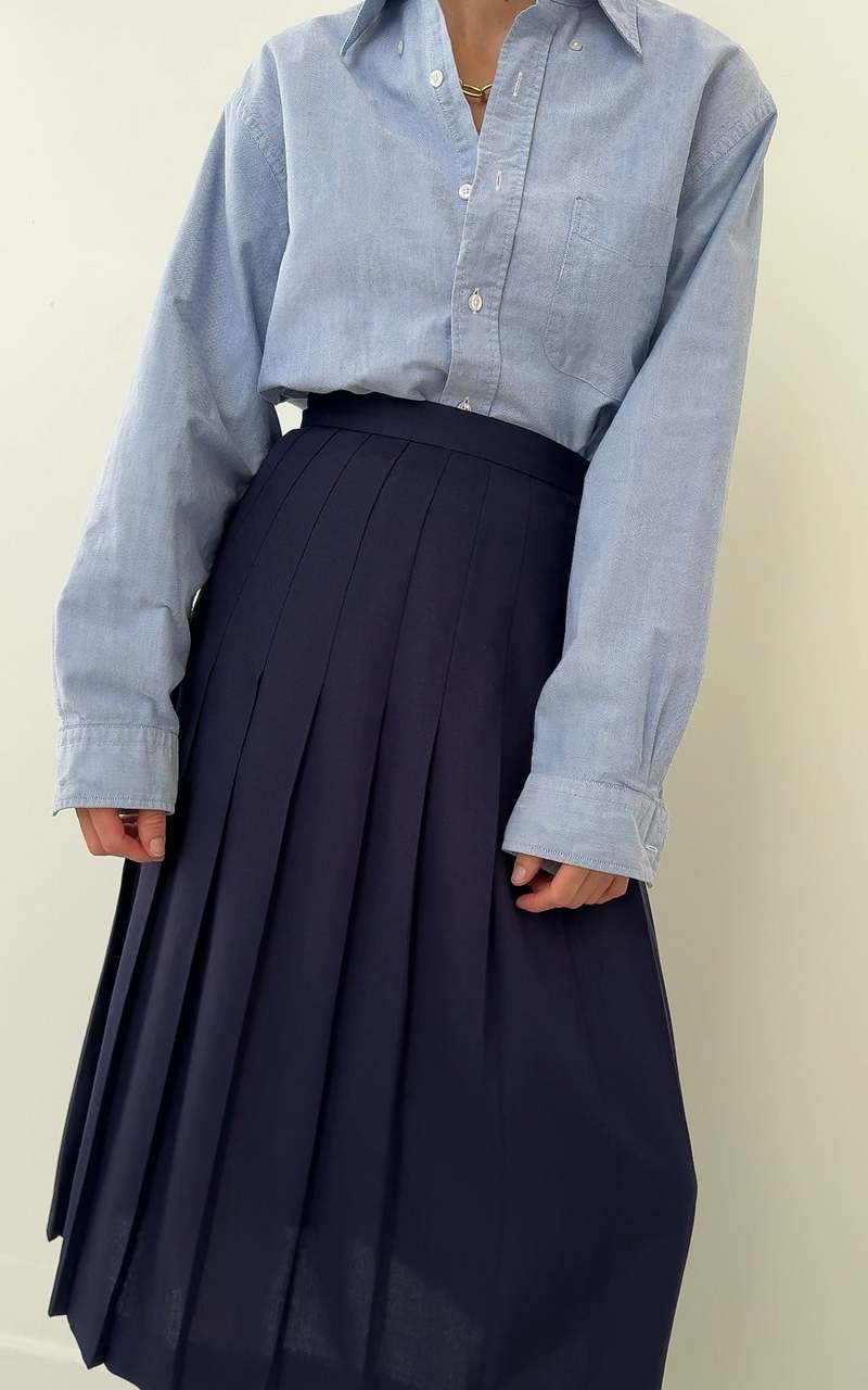 Vintage Pleated Wool Midi Skirt Navy Garmentory