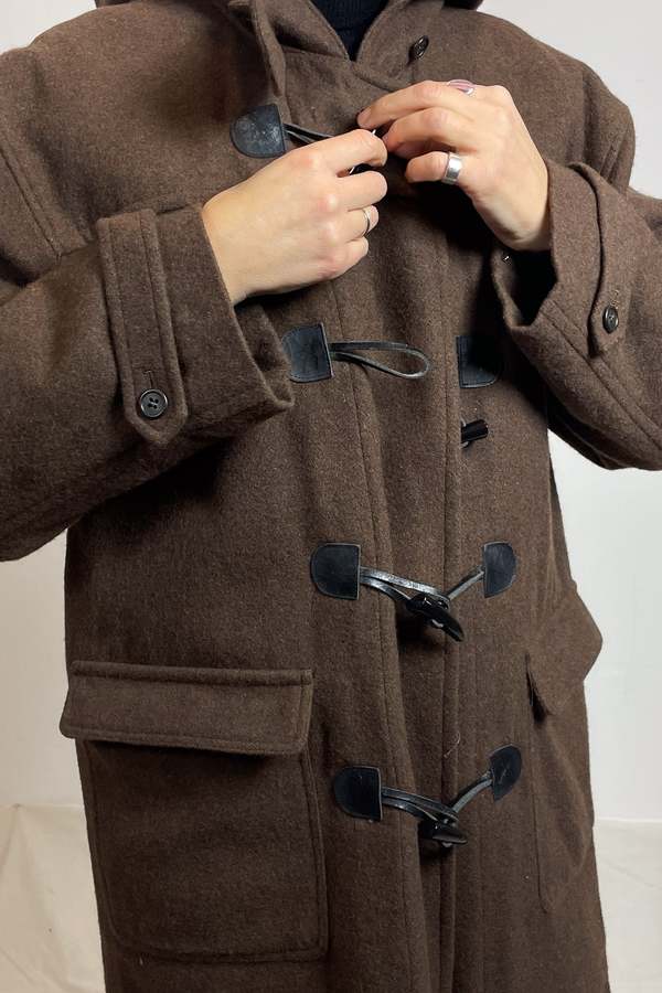 1990s Wool Blend Hooded Duffle Coat - Brown | Garmentory