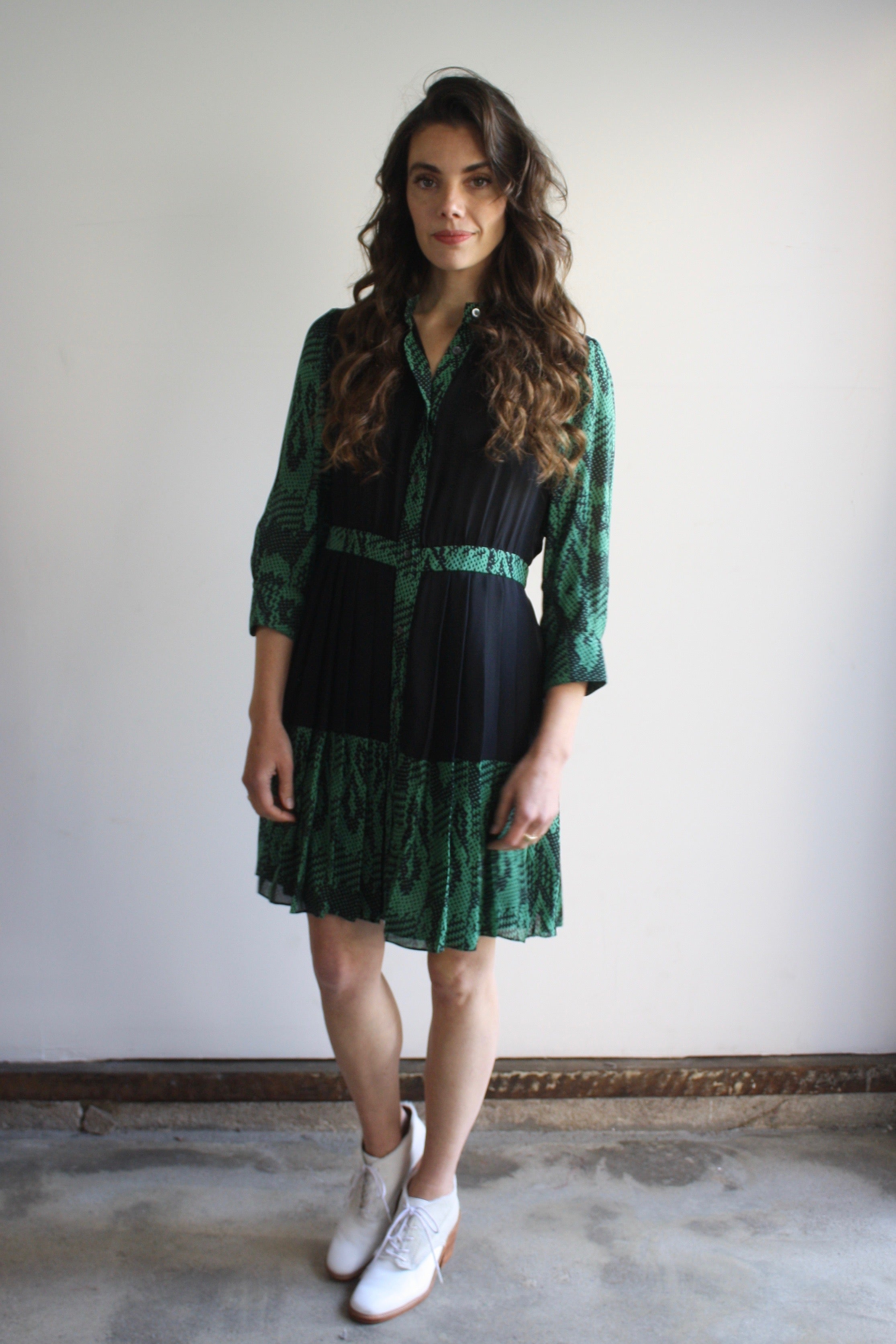 Vintage Thomas Sires Pleated Silk Dress Green