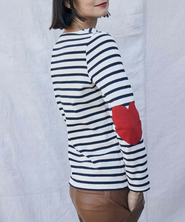 【SAINT JAMES】Vaujany U Long Sleeve T-Shirt Women's Striped Long Sleeve T-Shirt with Heart Elbow Patches