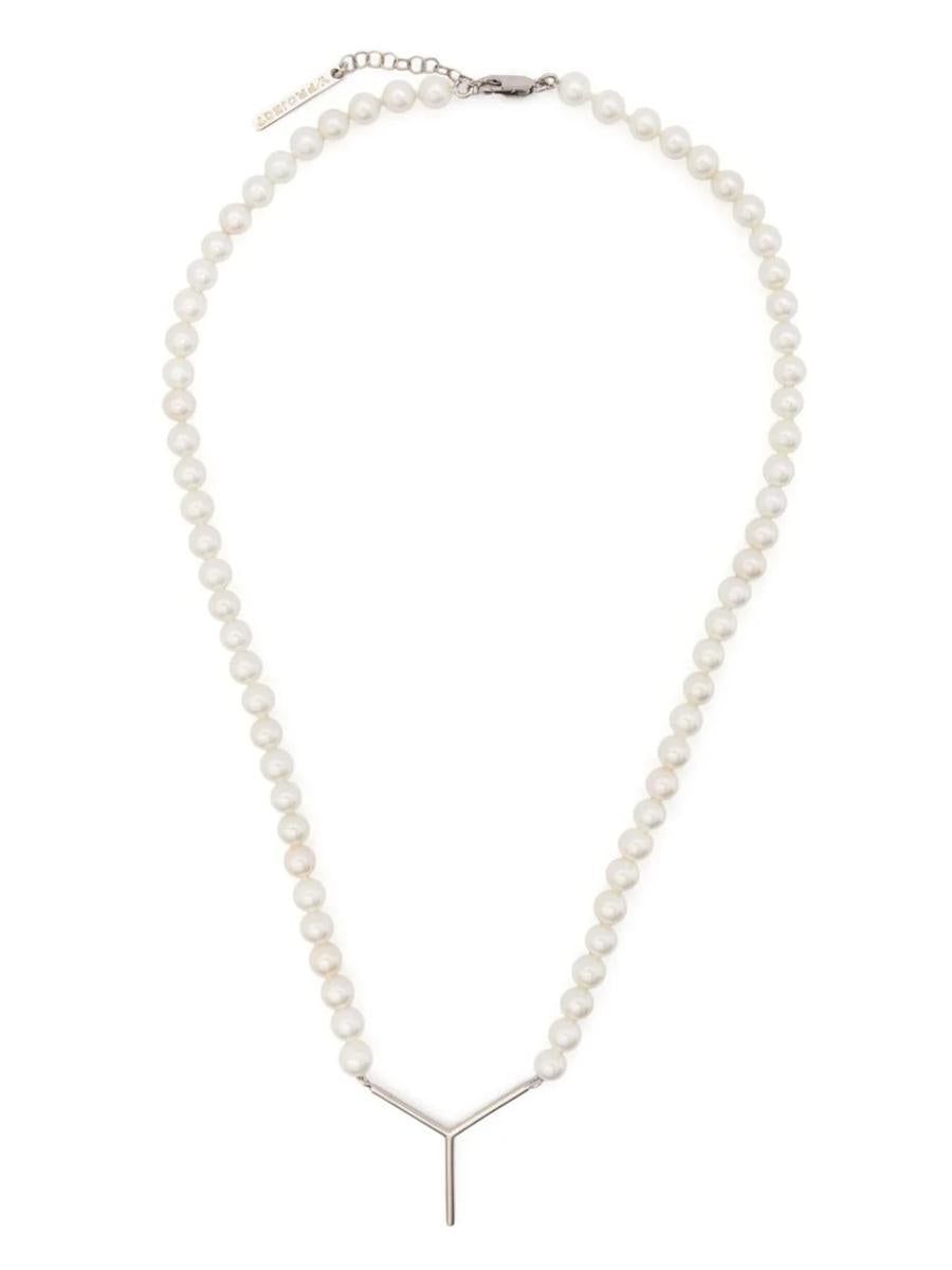 Y/project PEARL NECKLACE WITH LOGO PLAQUE Grey Garmentory