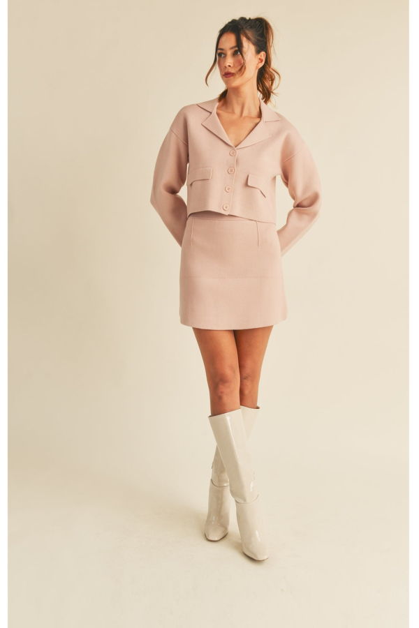 Mable Ayden Button Down Knit Jacket Mini Skirt Set - Blush