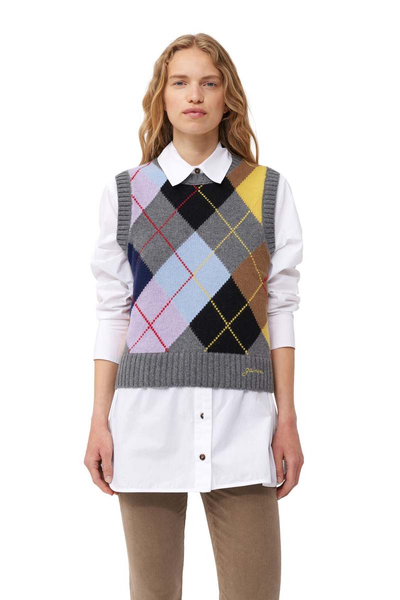 Ganni Harlequin Wool Mix Knit Vest - Frost Gray | Garmentory