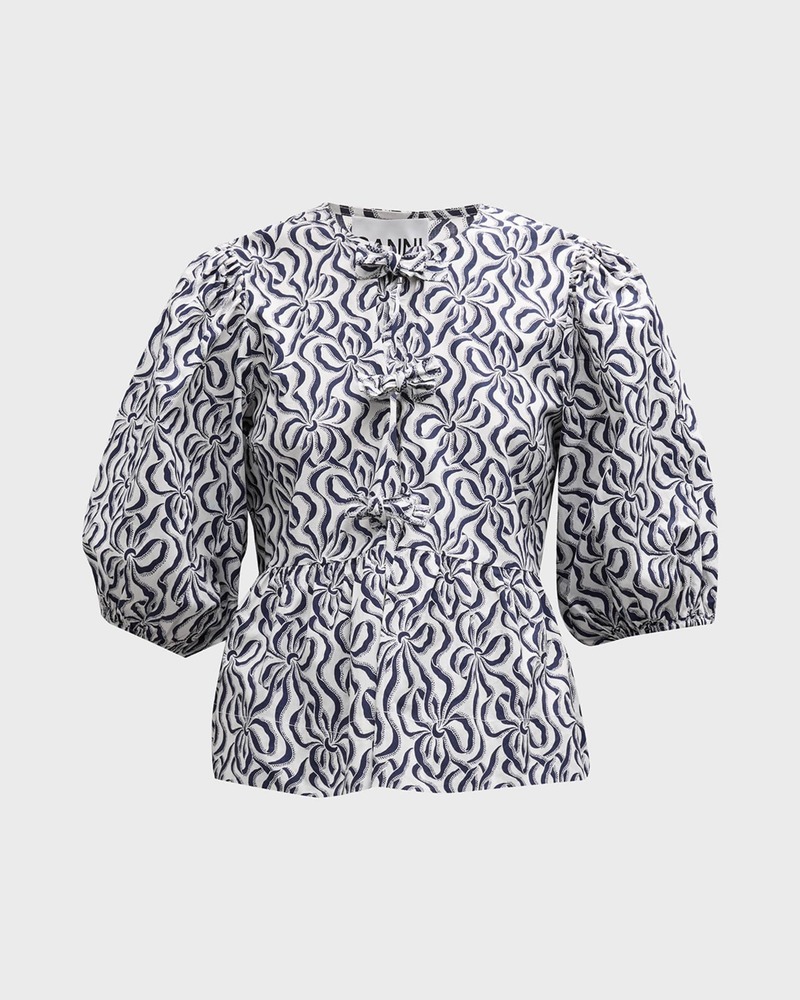 Ganni Printed Cotton Peplum Blouse - Egret | Garmentory