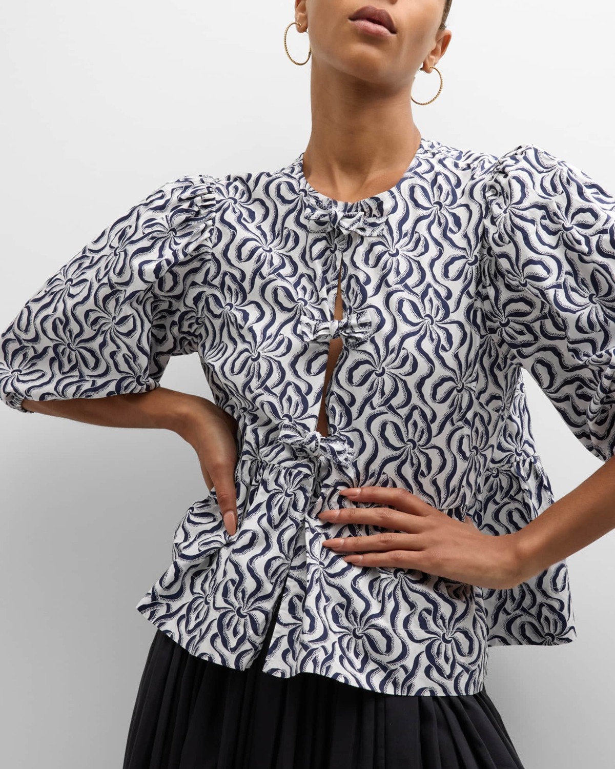 Ganni Printed Cotton Peplum Blouse - Egret | Garmentory