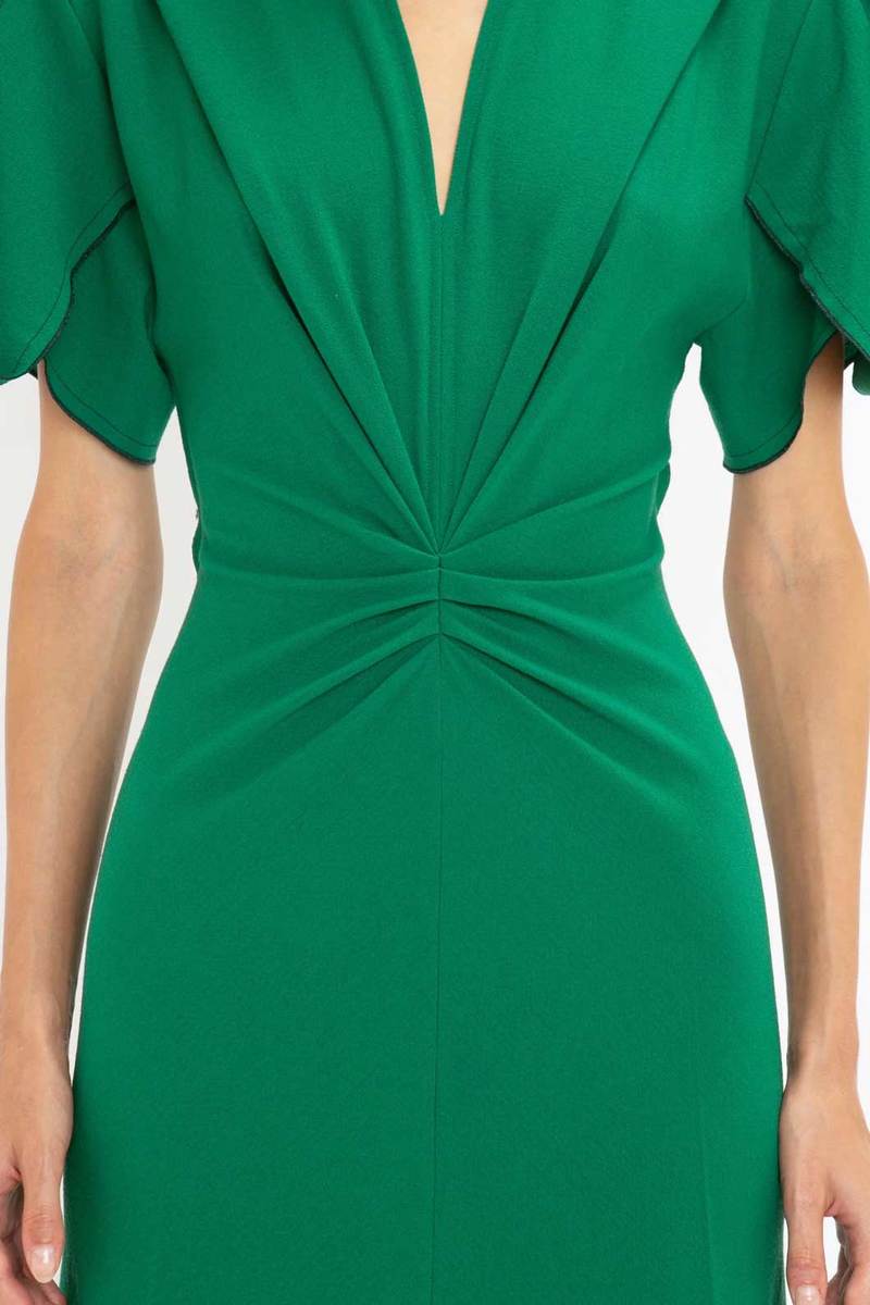 Victoria Beckham Gathered V-Neck Midi Dress - Emerald | Garmentory