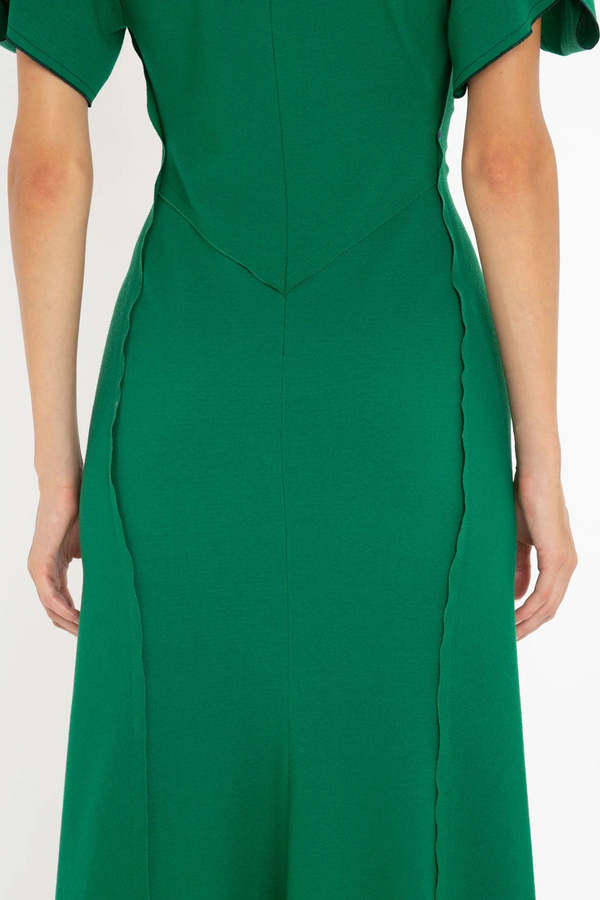 Victoria Beckham Gathered V-Neck Midi Dress - Emerald | Garmentory