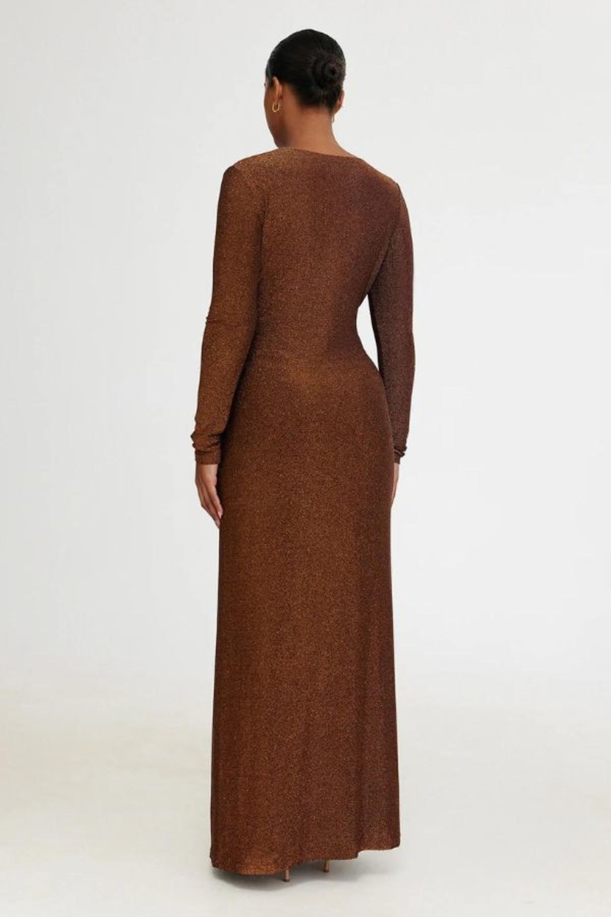 chinese dress ladies Long Sleeve Metallic Jersey Evening Gown in Copper Bronze main image 0