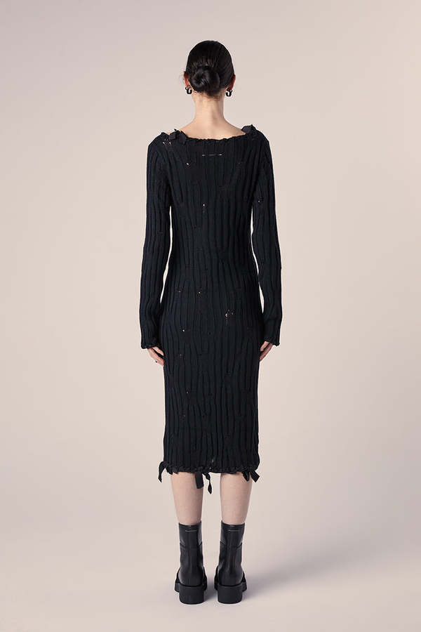 MM6 Maison Margiela Knit Midi Dress with Ribbons - Black | Garmentory