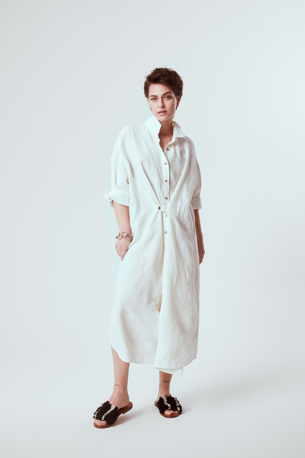 white fitted linen dress White Linen Square Neckline Mini Dress M