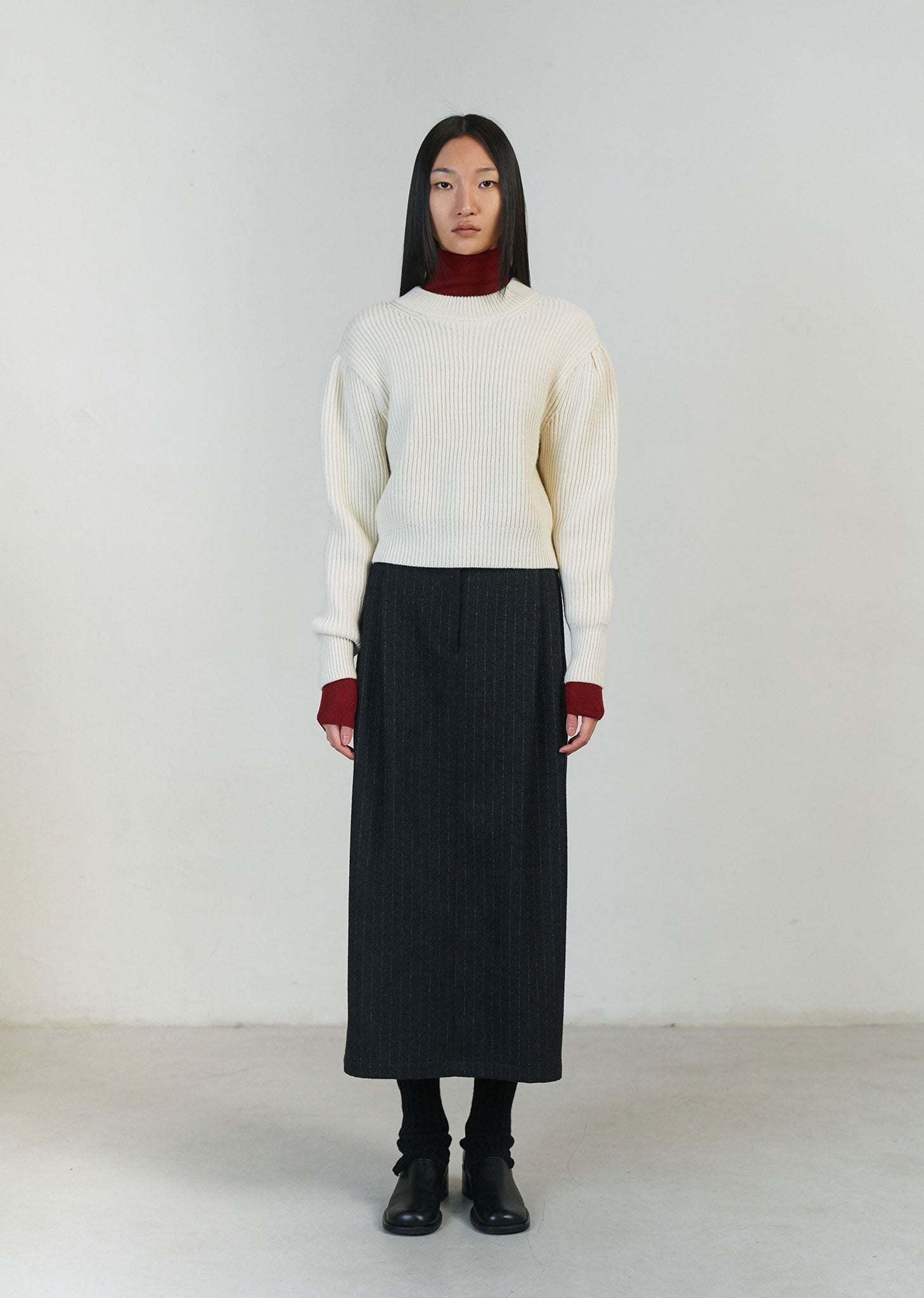 【AMOMENTO】23fw STRIPE BELT SKIRT Black Stripe Maxi Skirt by AMOMENTO on Sale