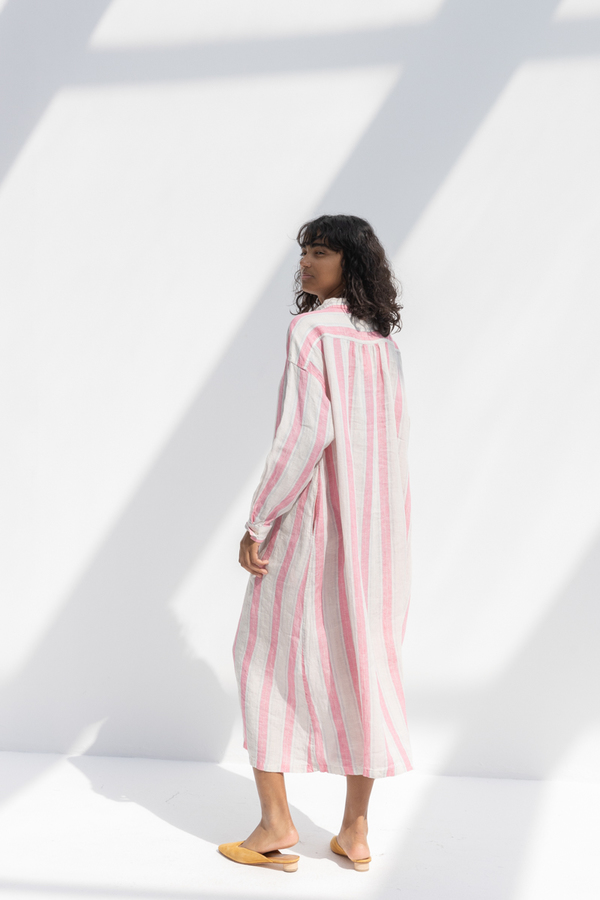 Ichi Antiquites Linen Stripe Shirt Dress - Pink | Garmentory