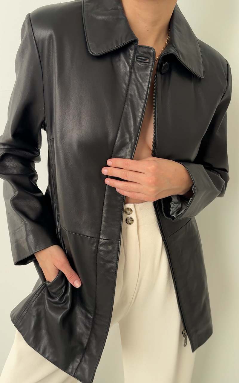 Vintage One Button Zip Up Leather Jacket Noir Garmentory