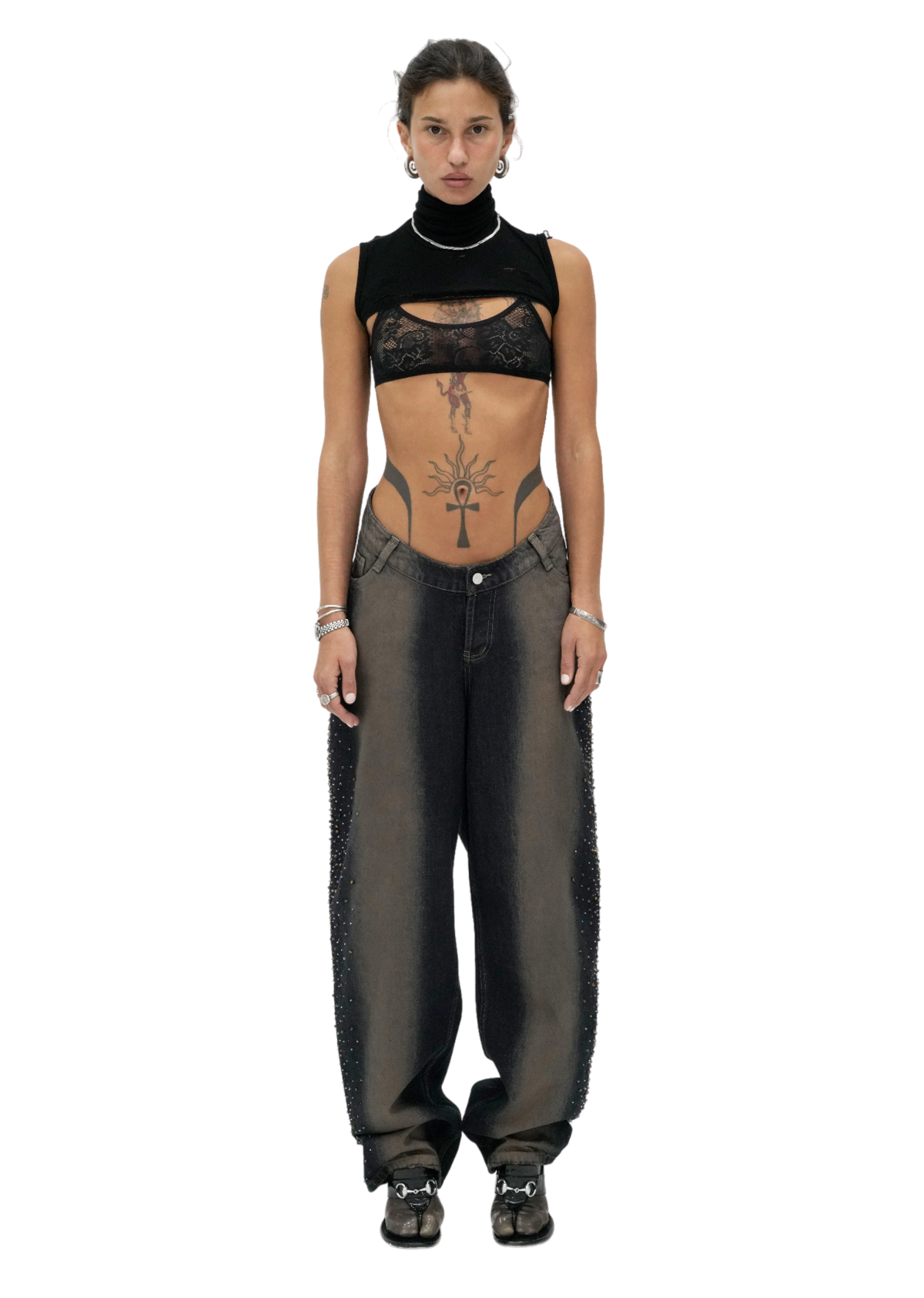 【604SERVICE】 BEADED U SHAPE WAIST JEAN Beaded-U-Shape-Waist-Jeans-