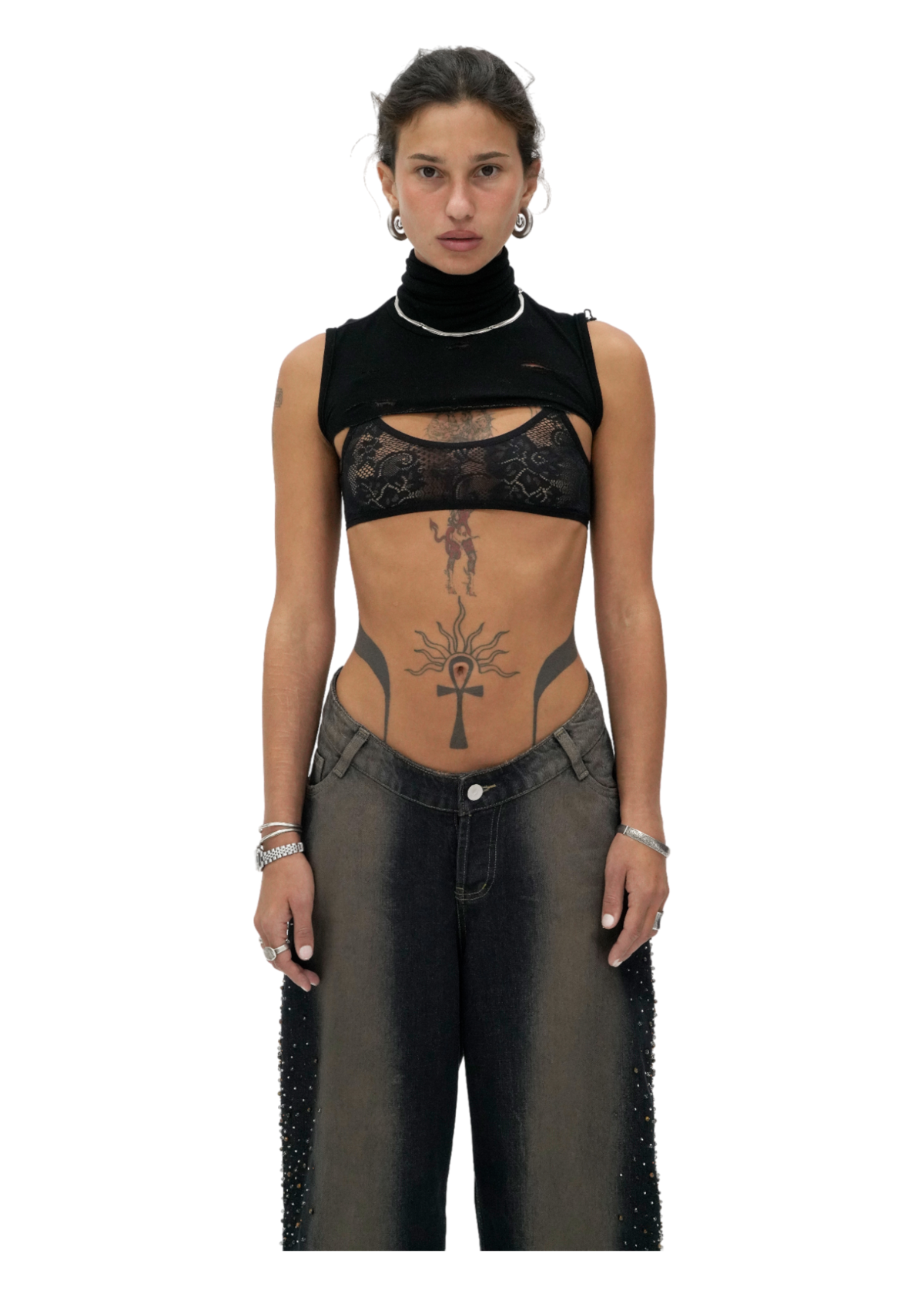 【604SERVICE】 BEADED U SHAPE WAIST JEAN Beaded-U-Shape-Waist-Jeans-